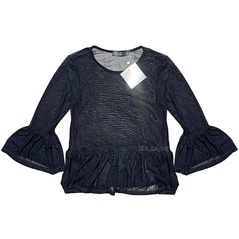 Missguided Sheer Mesh Bell-Sleeve Ruffle Blouse in Black - Picture 2 of 11